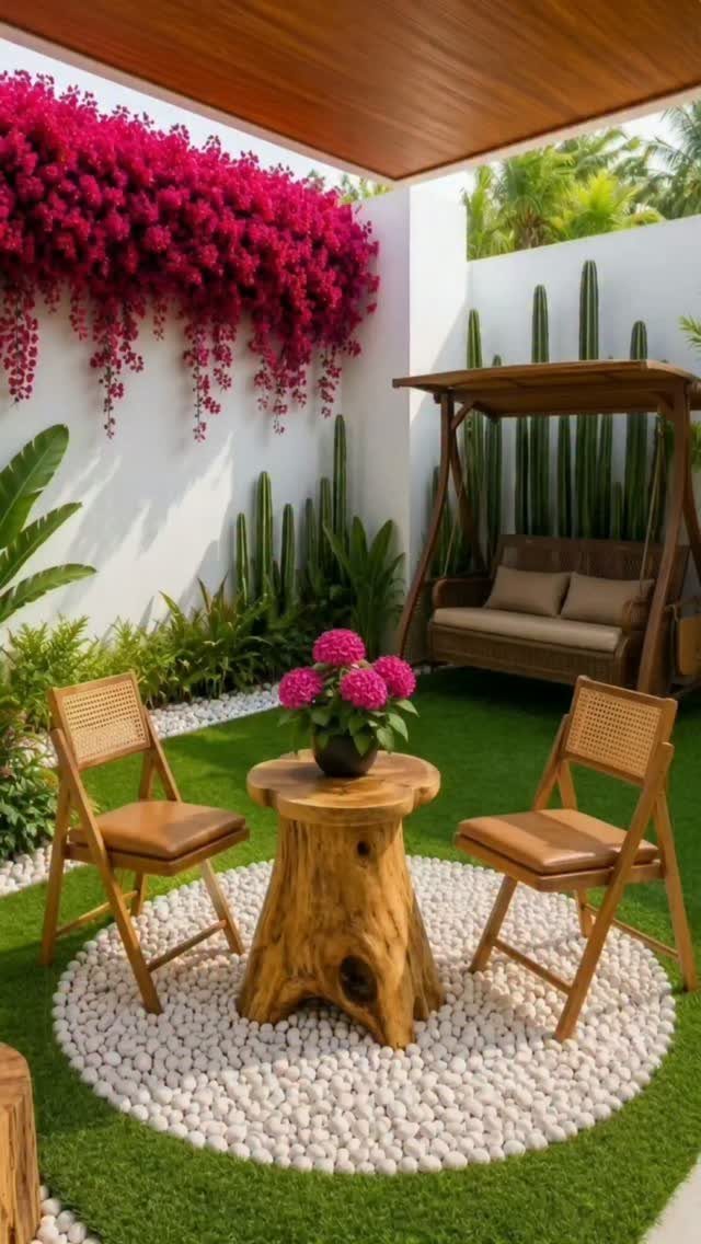 Wooden chairs and a stump table arranged on a circular white gravel patch in a garden.