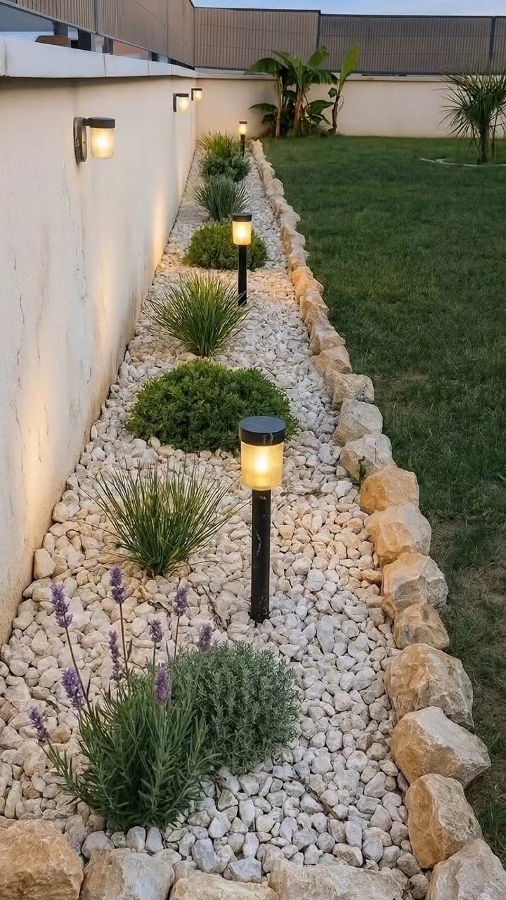 White gravel garden bed with green shrubs, lavender, and solar lights along a wall.