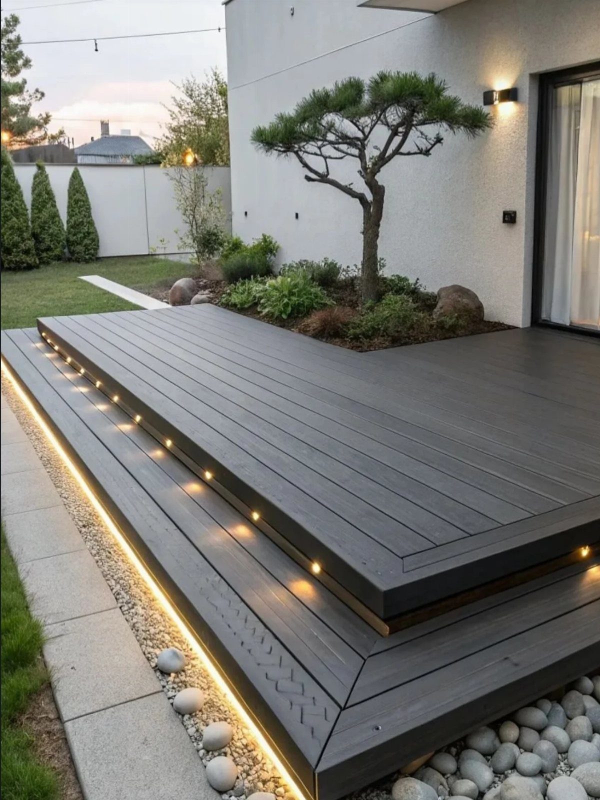 Dark grey composite deck with integrated LED lighting and a built-in garden bed containing a small pine tree.