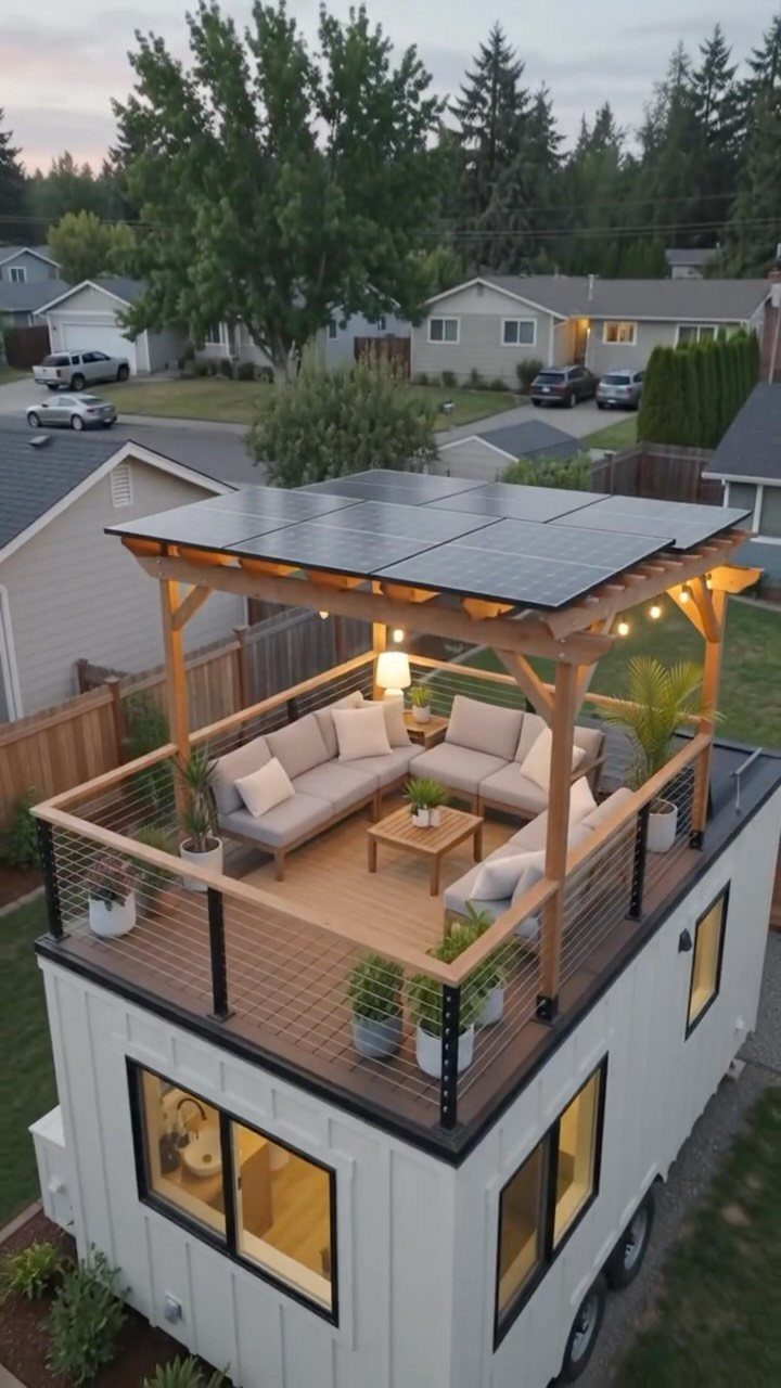 Wooden rooftop deck with outdoor furniture, solar panels, and string lights on top of a white container home.