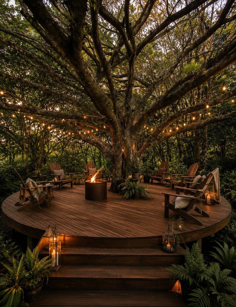 Circular wooden deck built around a large tree with string lights and a fire pit.