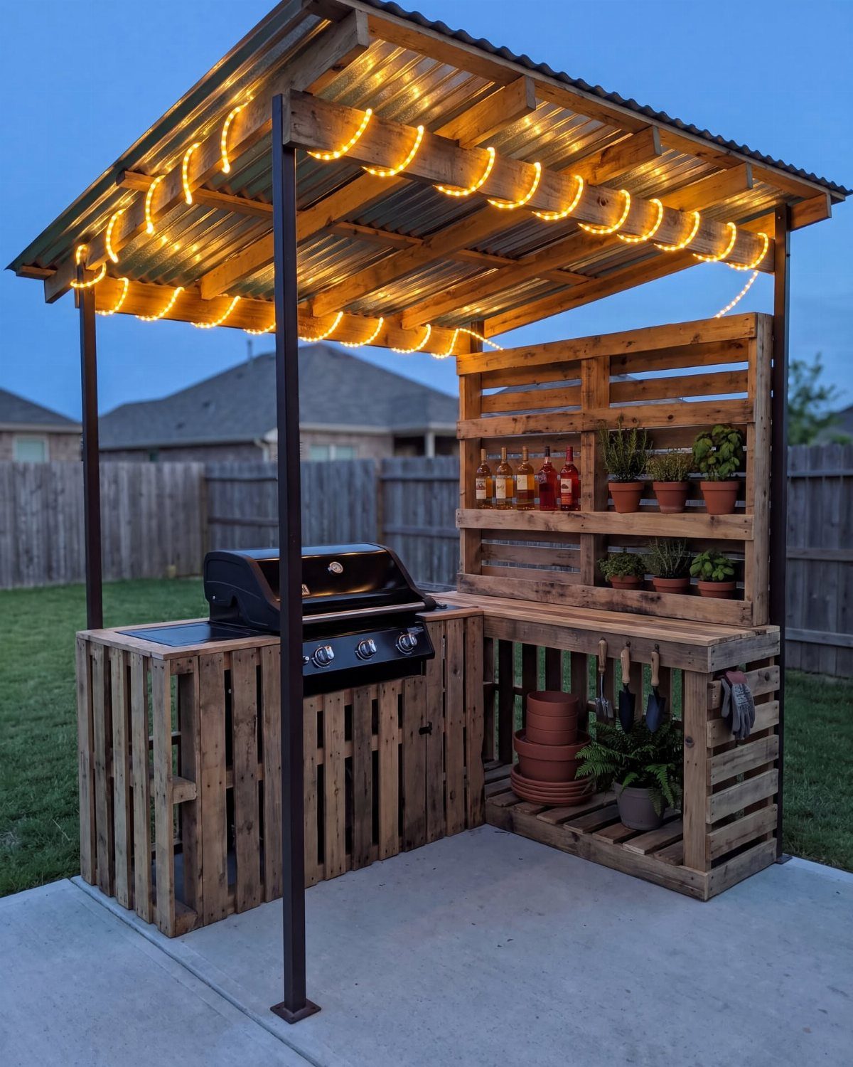 Pallet Grill Station: 7 Outdoor Builds from Cart to Kitchen 4 A pallet wood grill station with a metal roof, built-in gas grill, and shelving for plants.