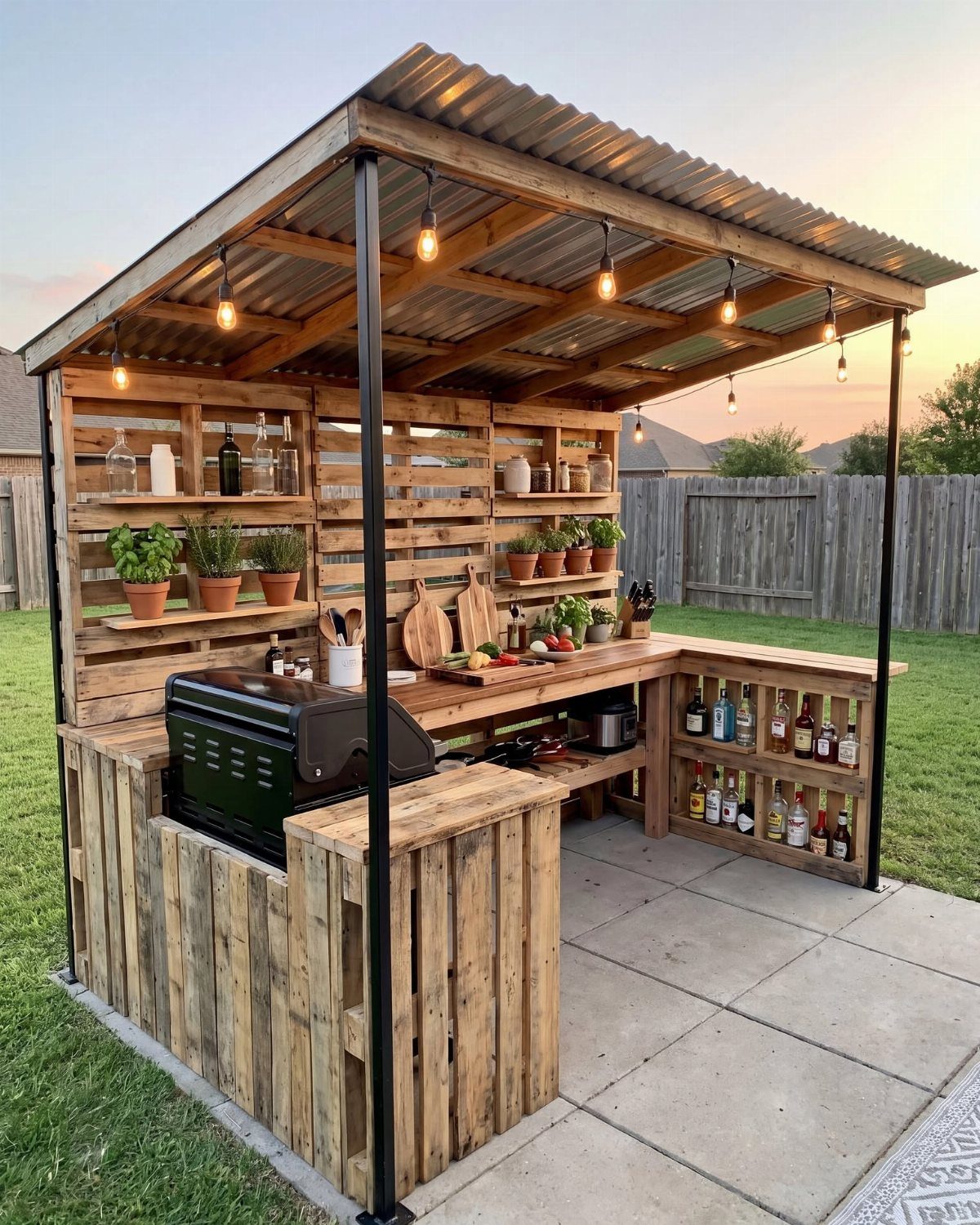 Pallet Grill Station: 7 Outdoor Builds from Cart to Kitchen 1 A pallet wood grill station with a metal roof, black barbecue, and wooden countertops outdoors.