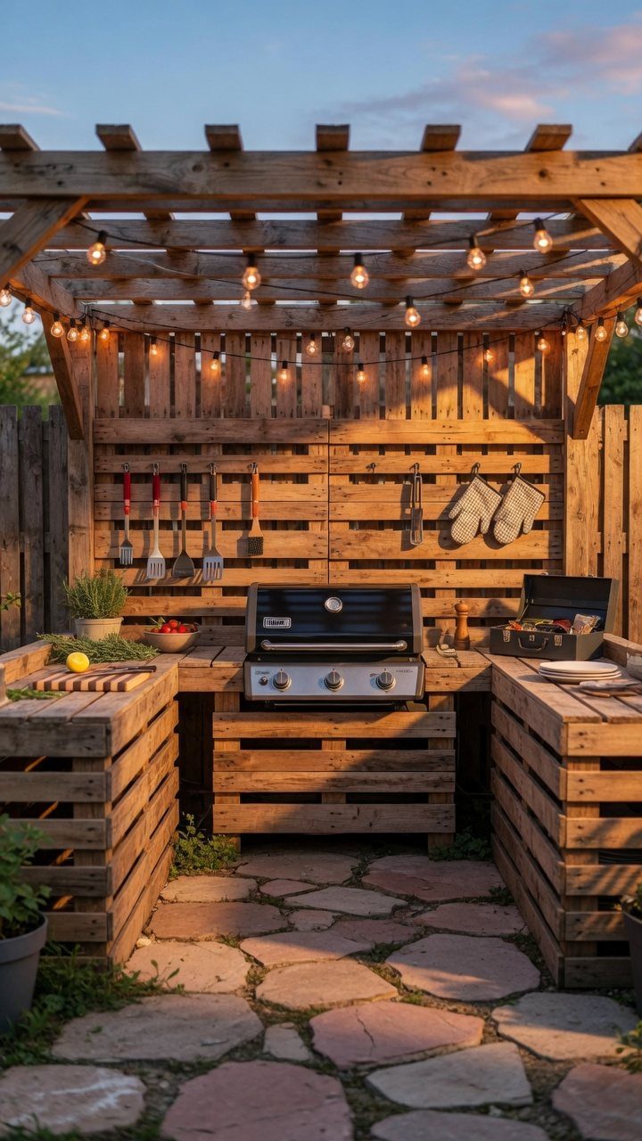 Pallet Grill Station: 7 Outdoor Builds from Cart to Kitchen 7 A pallet grill station with a gas grill, wooden counters, and string lights under a pergola.