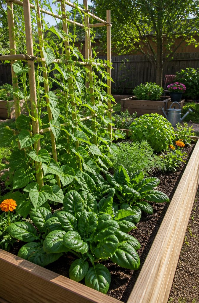 Raised Beds Vegetable Garden: Materials, Soil and What to Grow 1 Raised bed with bush beans, spinach, and herbs growing under sunlight.