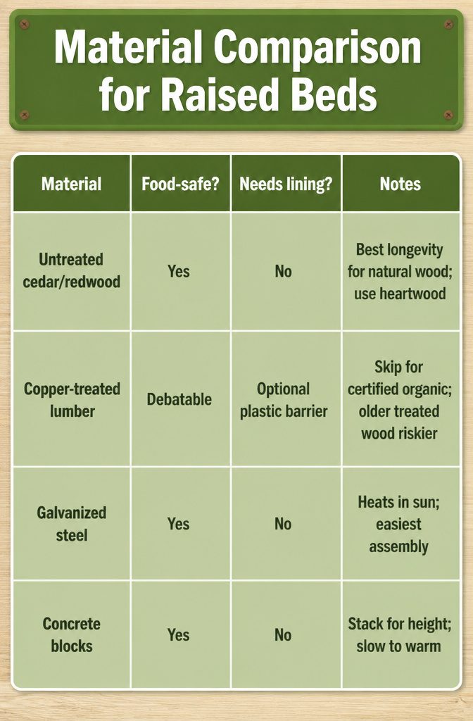 Raised Beds Vegetable Garden: Materials, Soil and What to Grow 3 Material comparison chart for building raised beds.