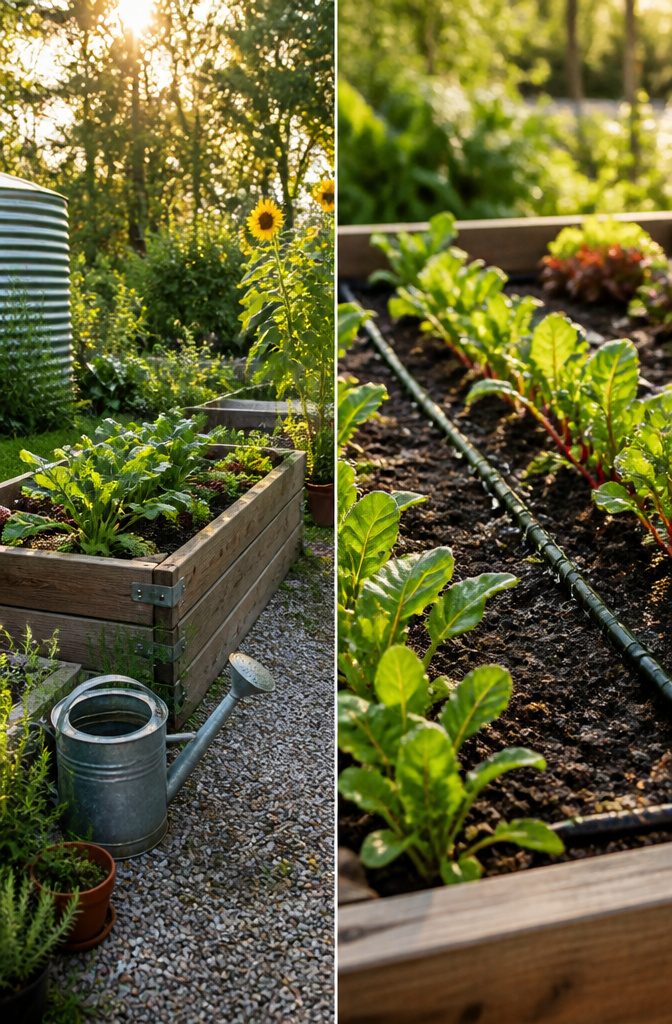 Raised Beds Vegetable Garden: Materials, Soil and What to Grow 7 Gardener watering a raised bed with a hose.
