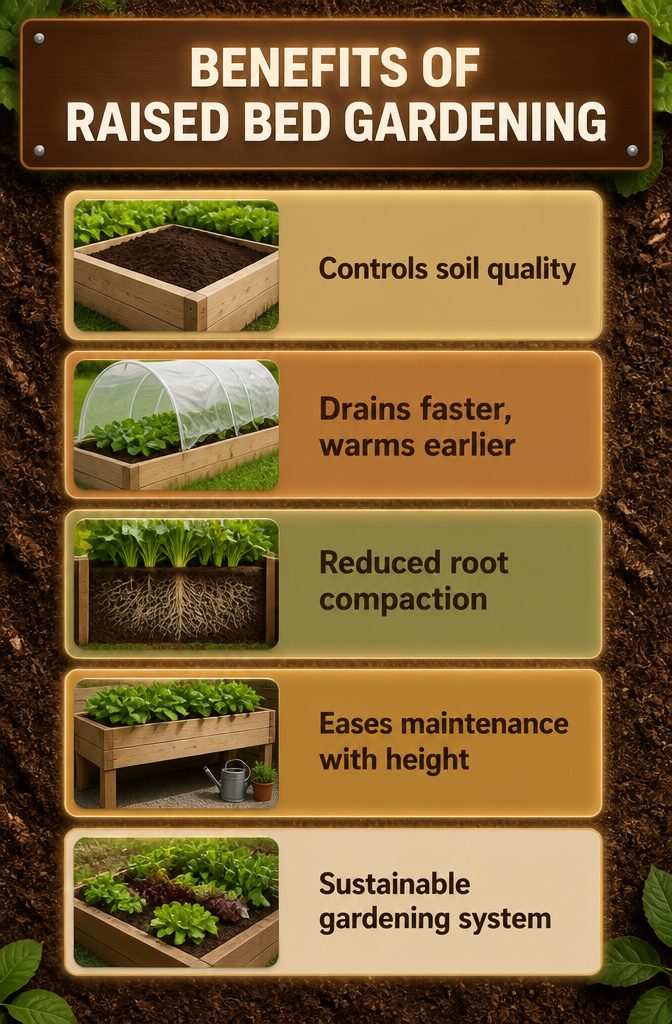 Raised Beds Vegetable Garden: Materials, Soil and What to Grow 5 Information graphic highlighting the benefits of raised bed gardening.