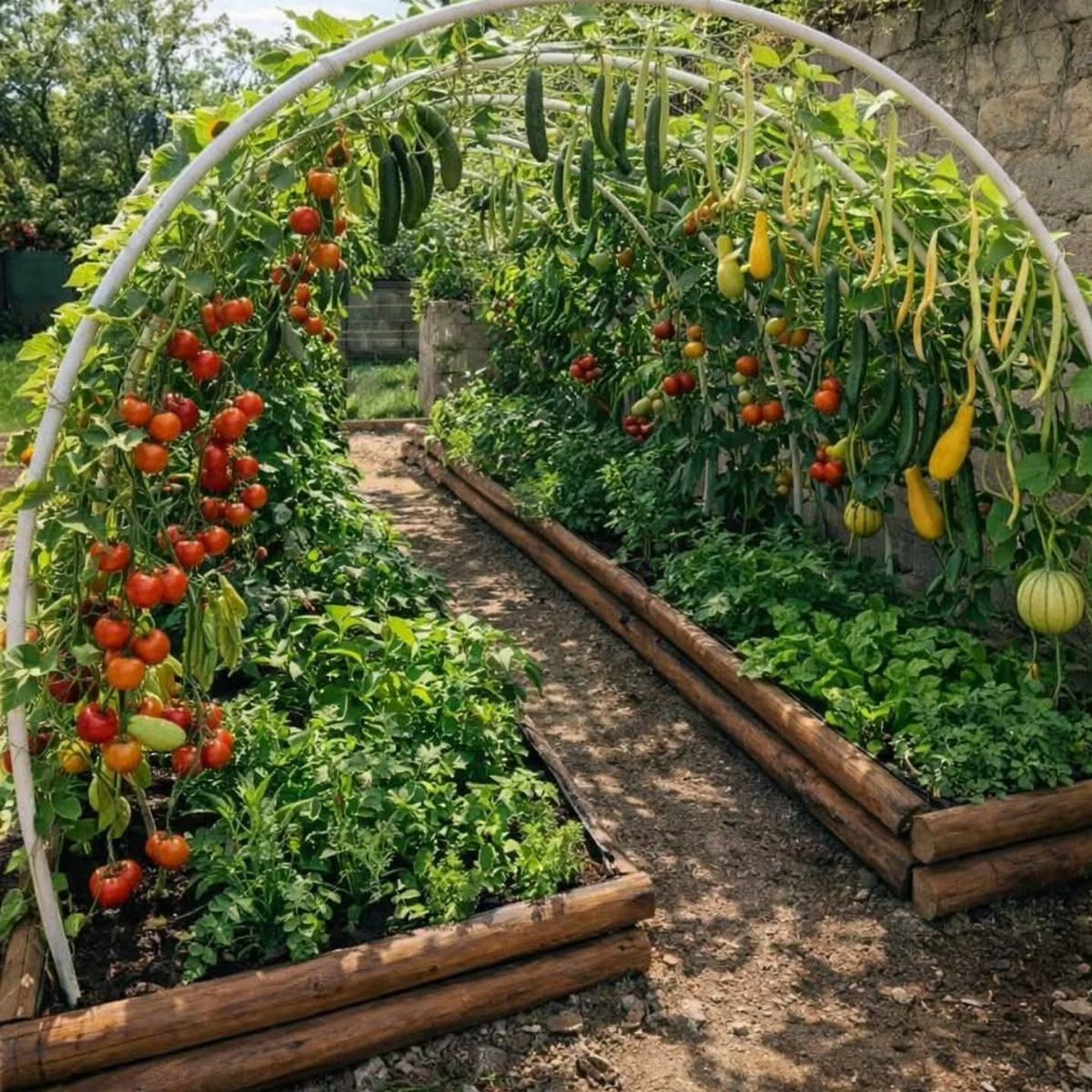 Lush vegetable plants growing in wooden raised garden beds under a white arched trellis.