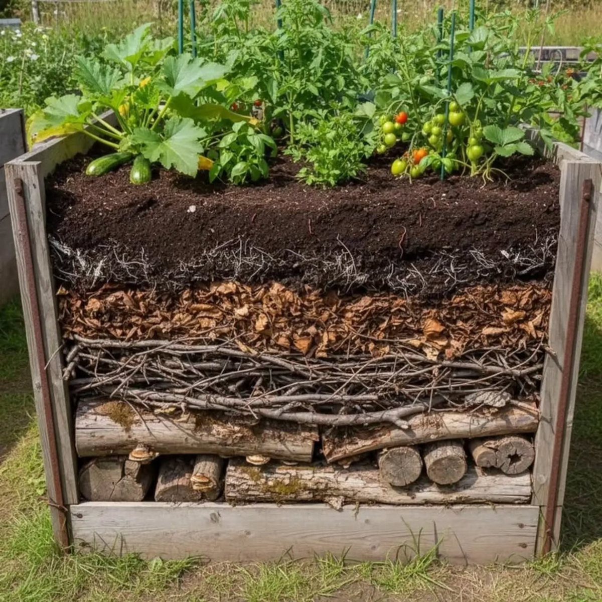 A wooden raised garden bed showing layers of logs, twigs, and soil with growing green plants.