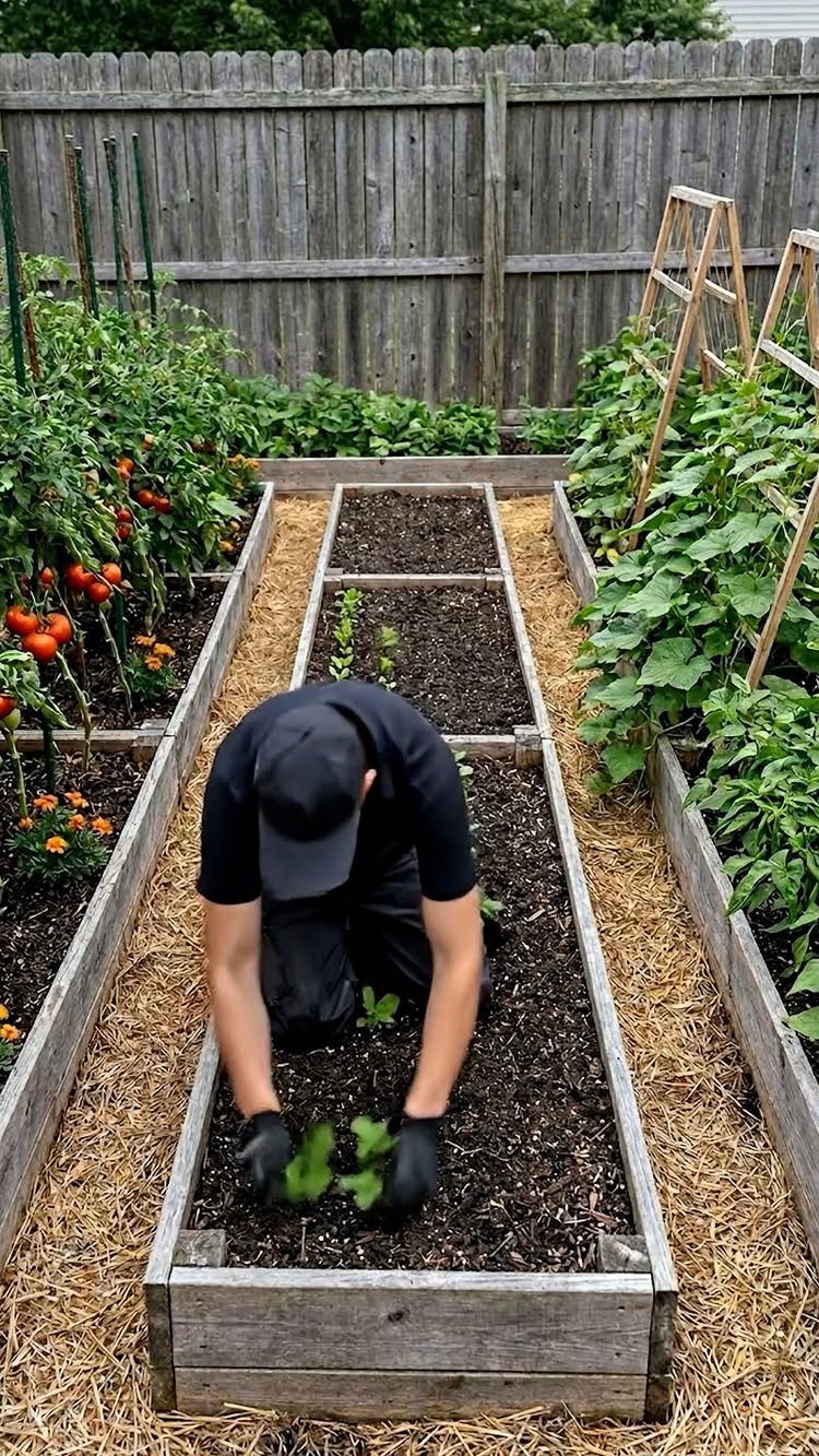 A person planting small green seedlings into a long wooden raised garden bed filled with dark soil.
