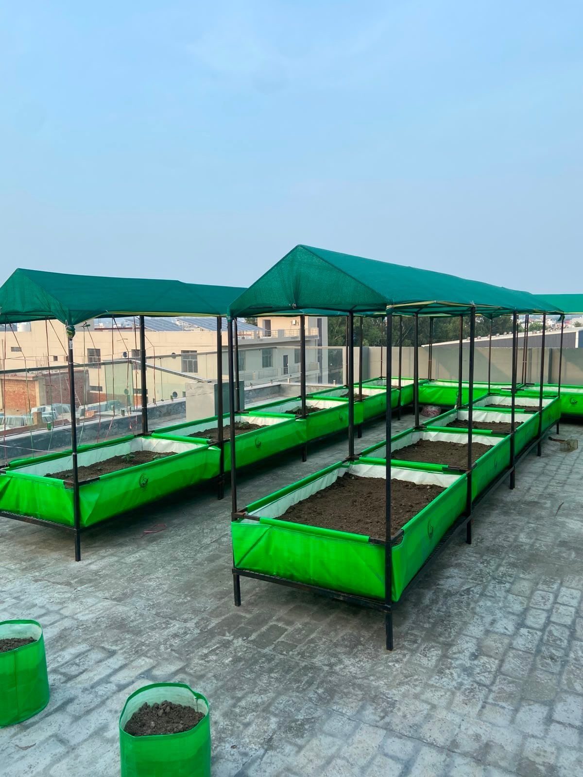 Green fabric raised garden beds with black metal frames arranged on a rooftop under a blue sky.