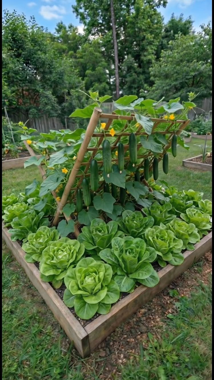 Green lettuce and climbing cucumbers grow in a wooden raised garden bed outdoors.
