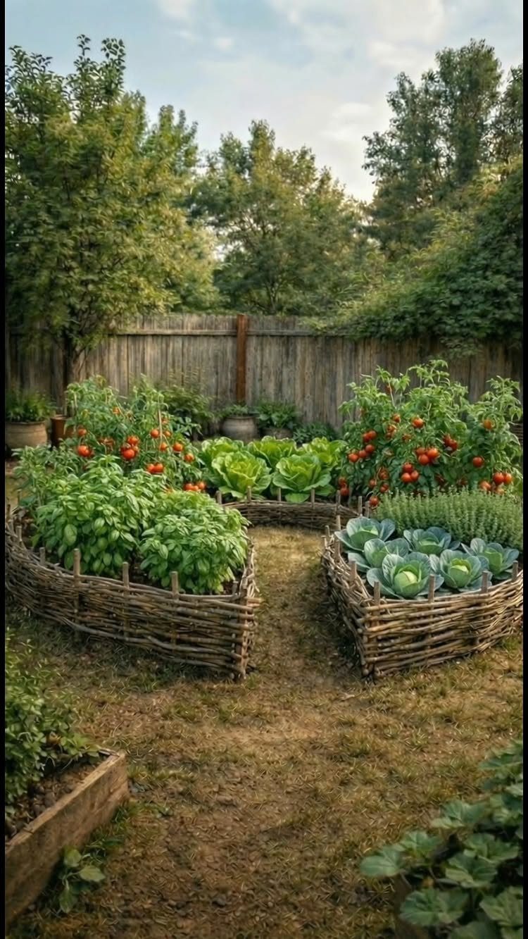 Woven branch garden beds filled with ripe tomatoes and green leafy vegetables in a backyard.