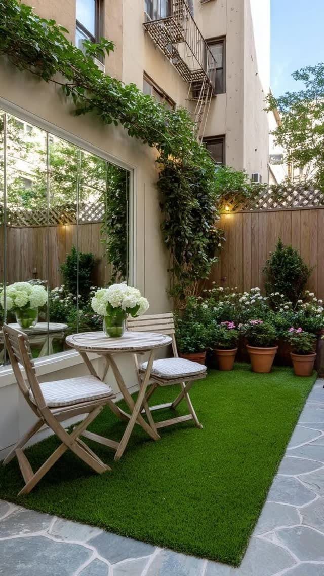 A small patio featuring a wooden bistro set, white flowers, and potted plants on green turf.
