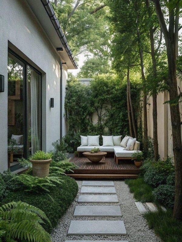 A modern garden with a wooden deck, white outdoor sofa, lush greenery, and stone pavers.