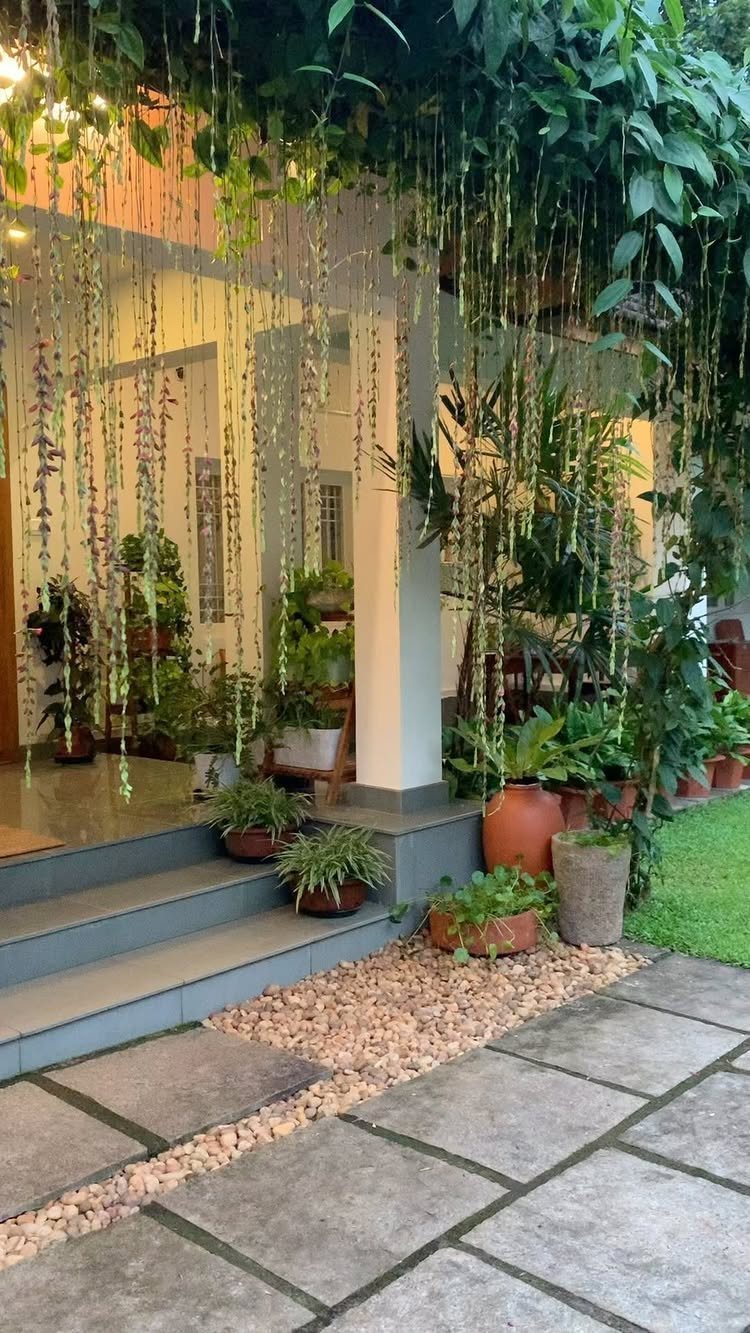 Long flowering vines hanging vertically from a lush green canopy over a patio area.