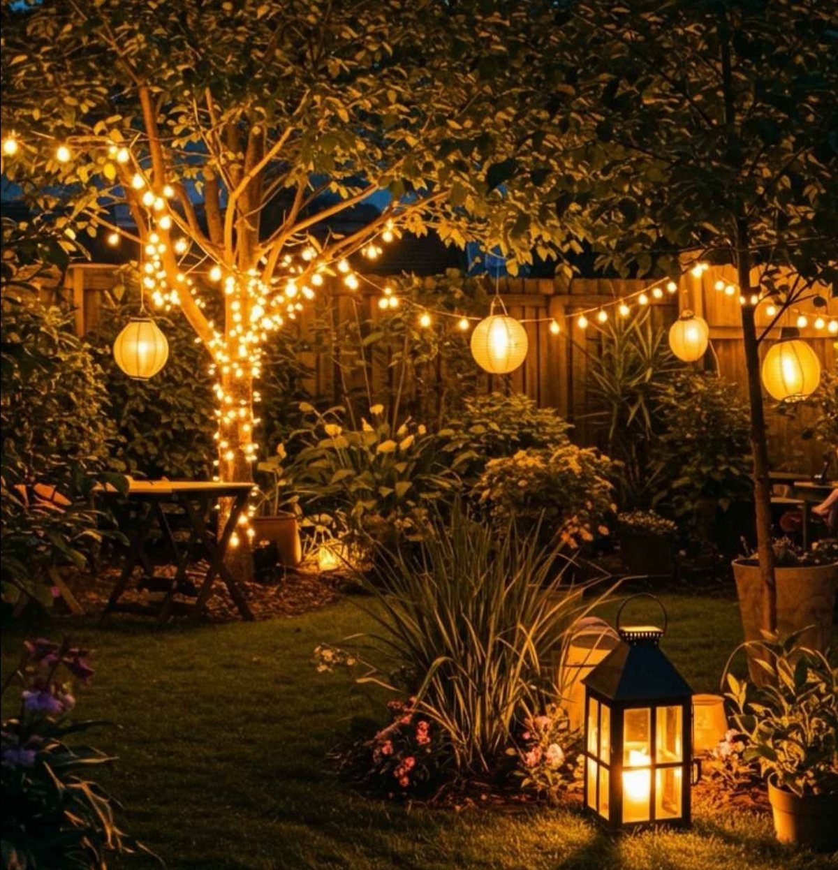 Warm string lights and glowing lanterns illuminating a lush, dark garden at night.