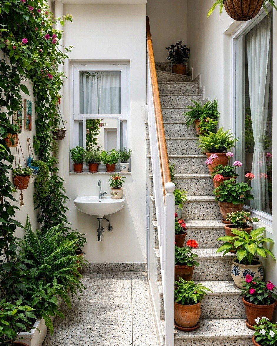Potted plants of various species arranged along the steps of a stone outdoor staircase.
