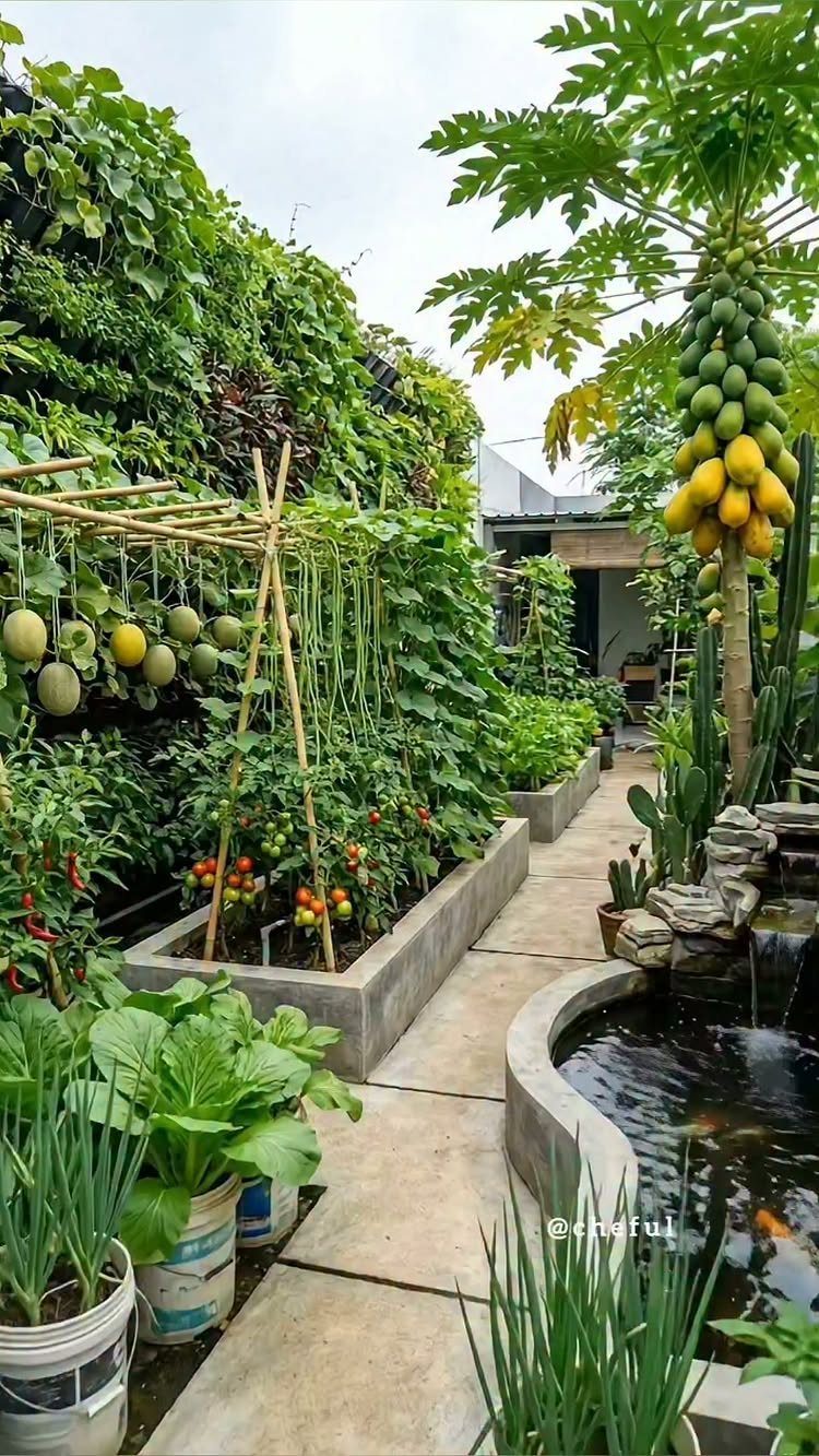 Lush garden with concrete raised beds, a papaya tree, and a small koi pond with a waterfall.