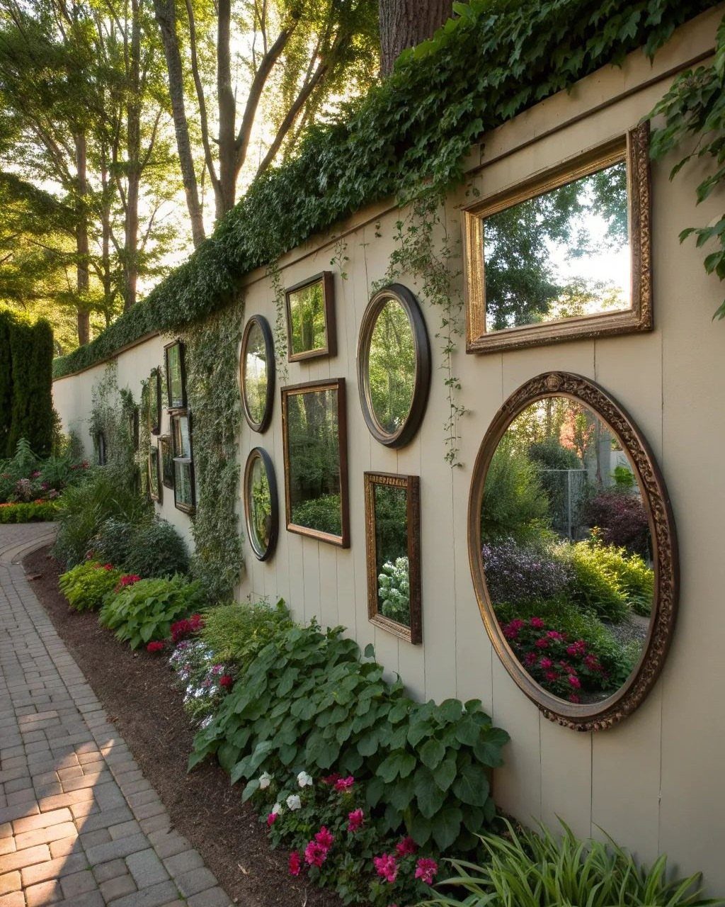 Ornate mirrors of various shapes mounted on a garden wall next to lush greenery.