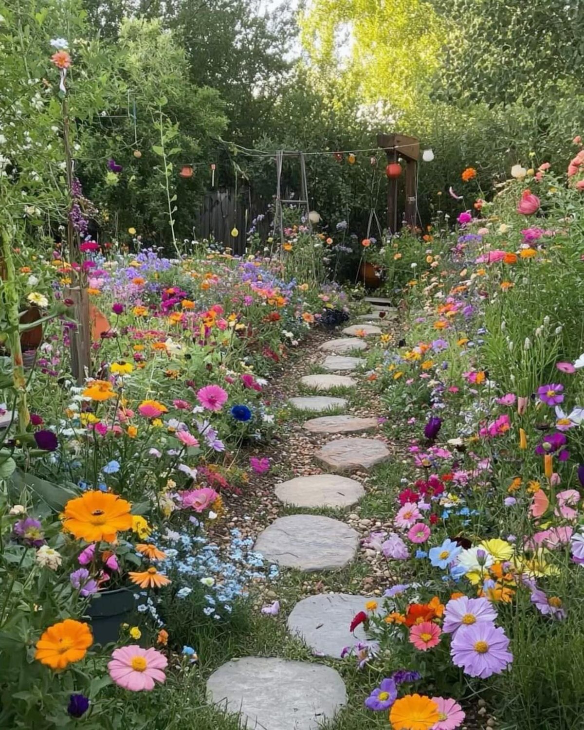 Colorful wildflowers in a lush garden with a stone stepping-path winding through the blooms.