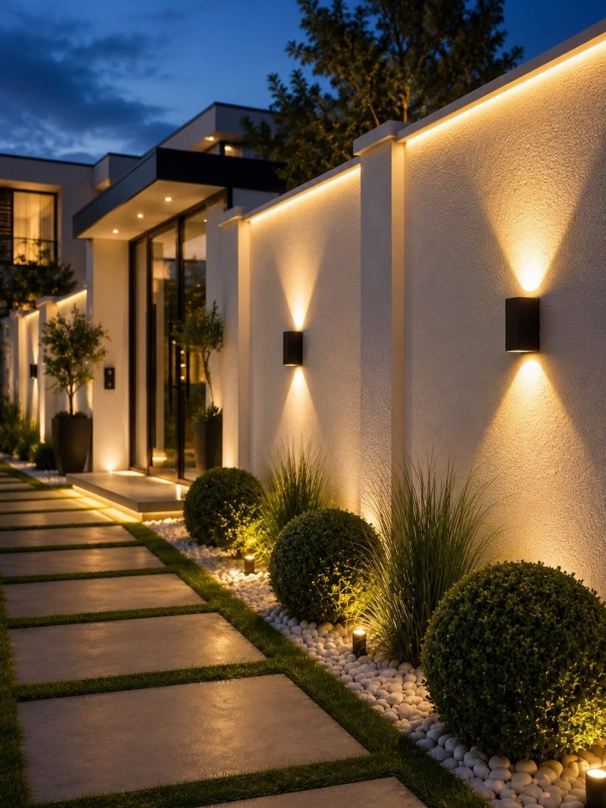 16 Small Home Landscaping Ideas That Fit Any Plot 13 Modern house exterior with illuminated stone walkway, round shrubs, and warm wall sconce lighting at dusk.