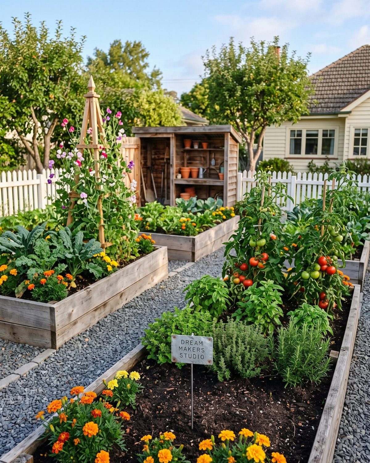 16 Small Home Landscaping Ideas That Fit Any Plot 3 Wooden raised garden beds filled with green vegetables and orange marigolds on a gravel path.