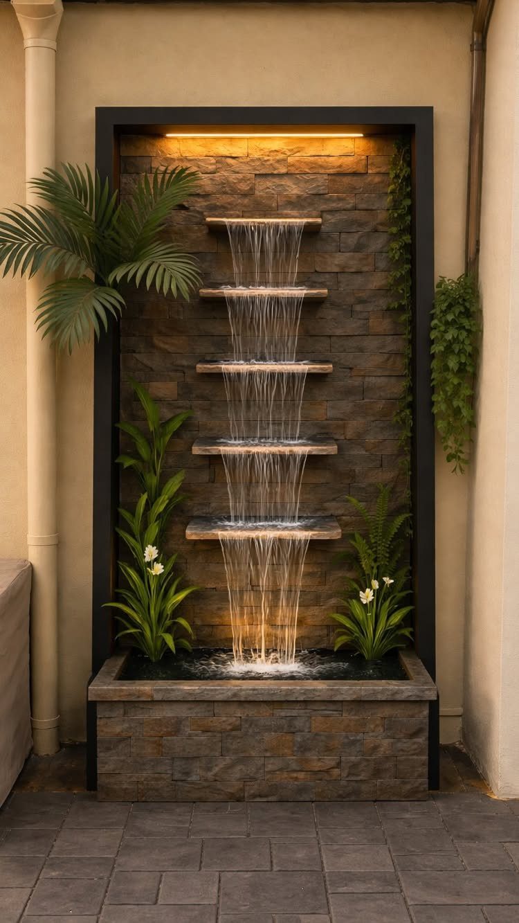 16 Small Home Landscaping Ideas That Fit Any Plot 16 Tiered stone water feature with cascading water and green plants in a small outdoor space.