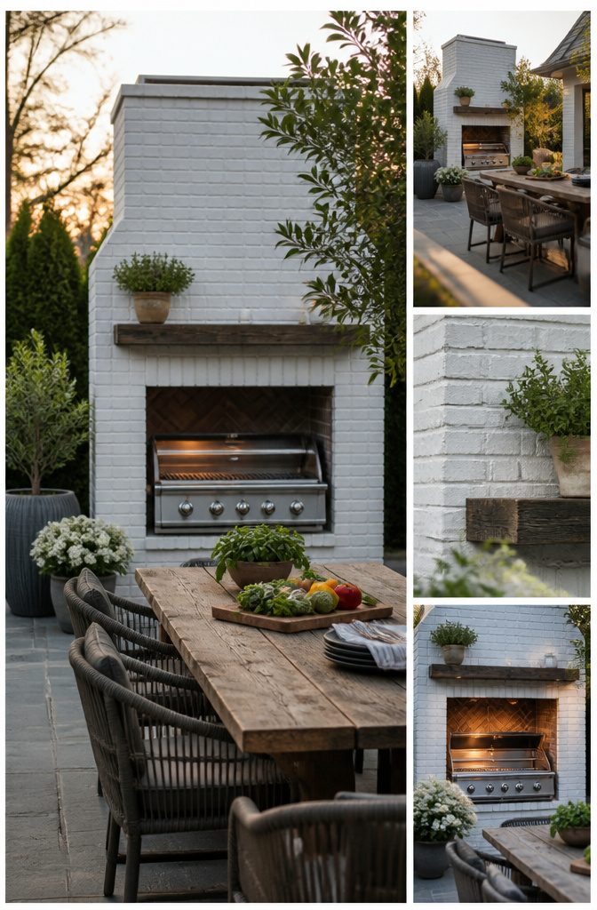 Brick fireplace with a grill insert for outdoor cooking.