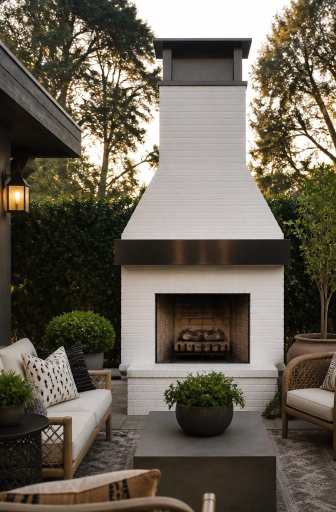 White brick fireplace with metal accents and outdoor furniture.