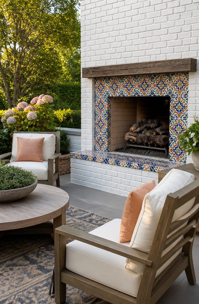 Brick fireplace surrounded by colorful mosaic tile.