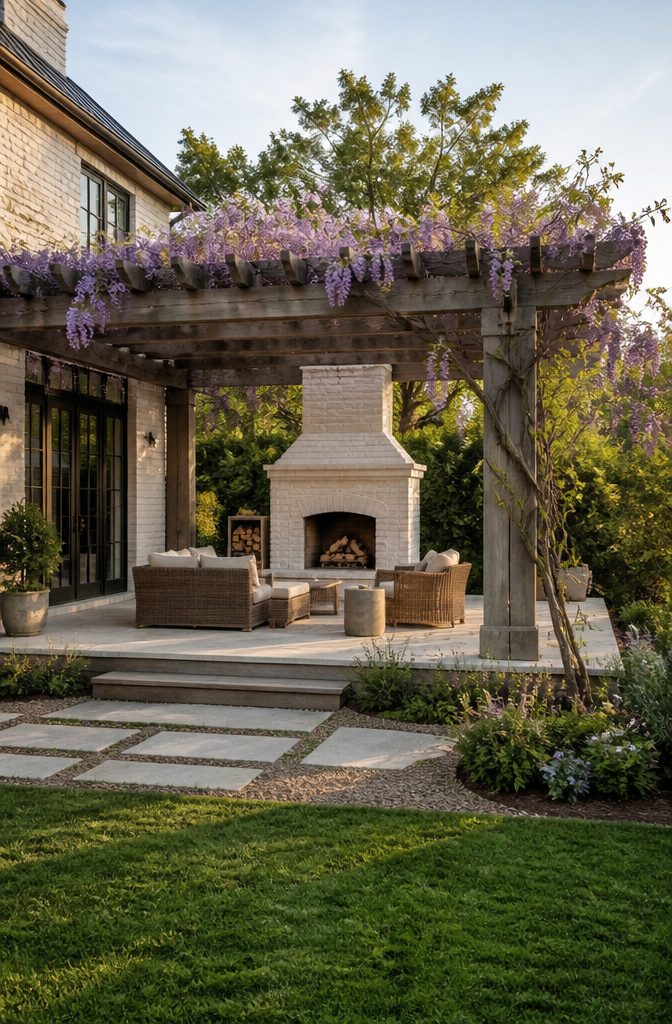 White brick fireplace with a pergola above.