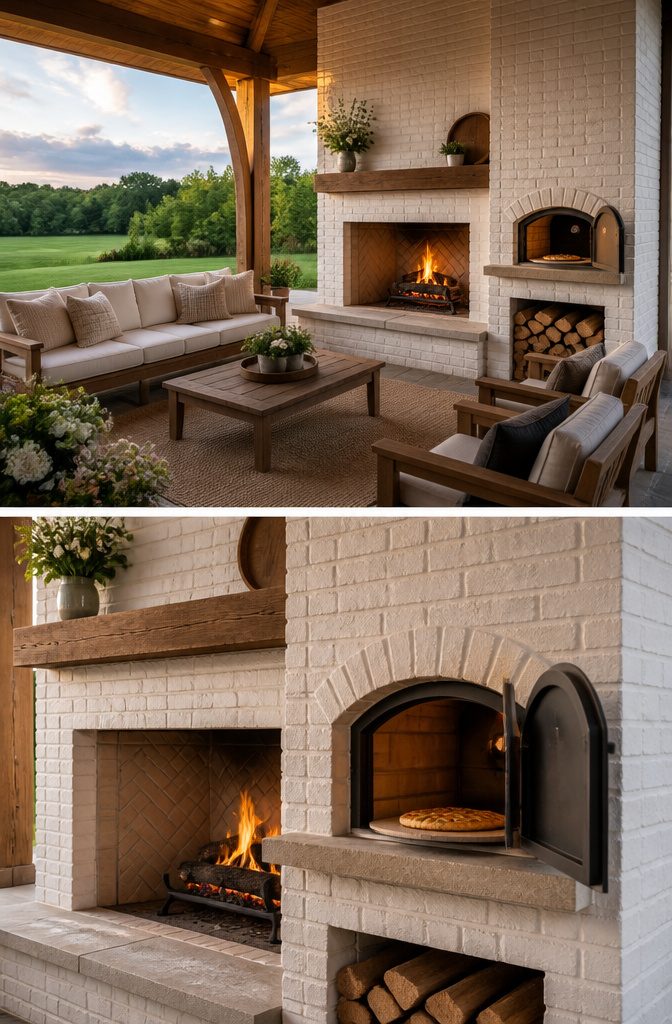 Brick fireplace featuring a pizza oven.