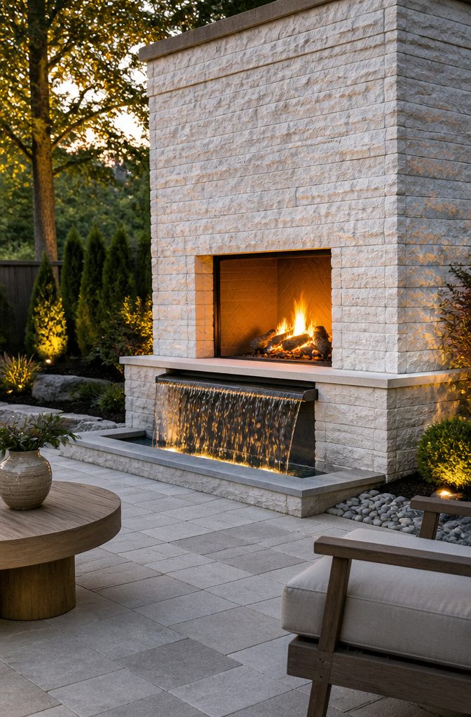 White brick fireplace adjacent to a waterfall.
