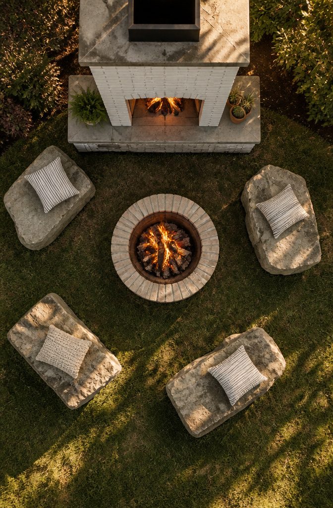 Low circular brick fire pit on a patio.