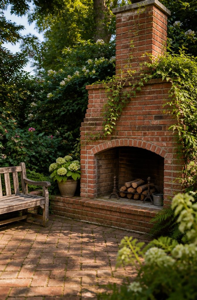Red brick fireplace surrounded by greenery and flowers.
