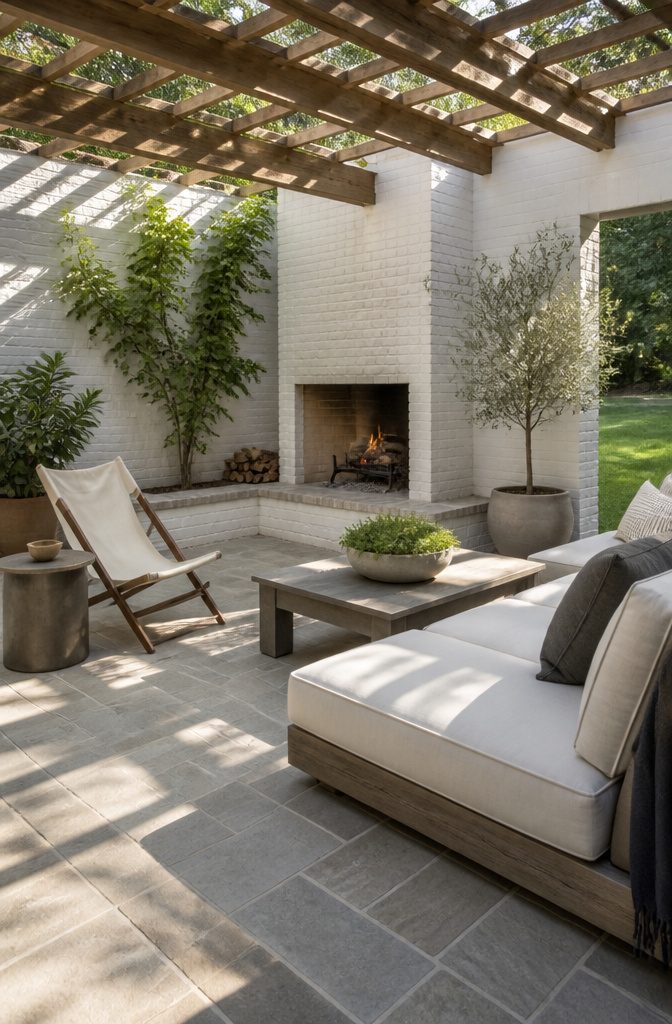 Corner brick fireplace integrated into a patio design.
