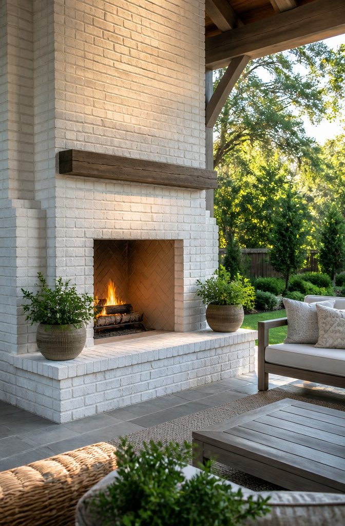 Double-layered white brick fireplace with potted plants.