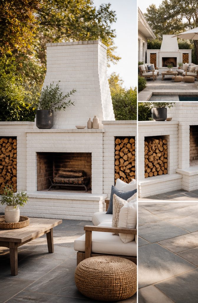 Wood storage beside a white brick outdoor fireplace.