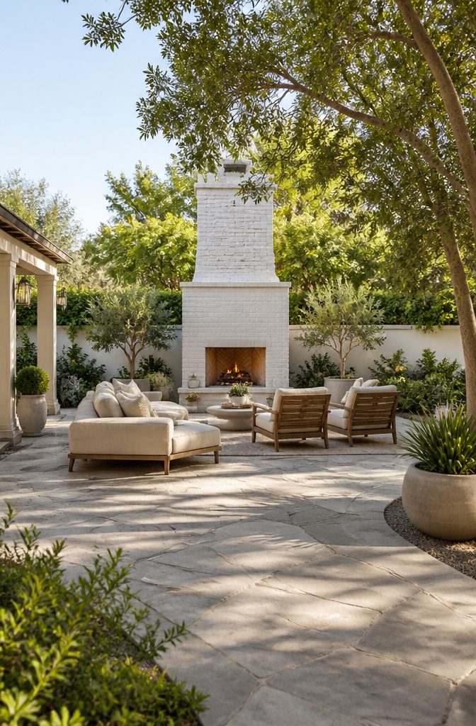 Freestanding white brick fireplace in an open patio layout.