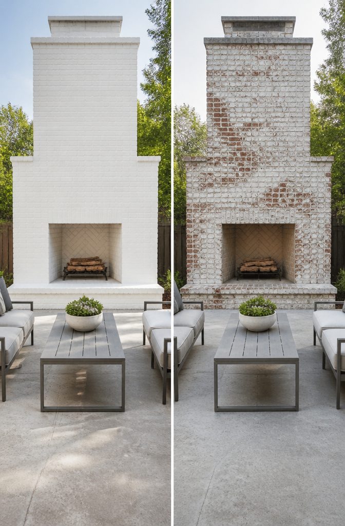 White-painted brick fireplace on a sunny patio.