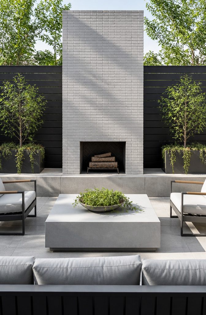 Sleek gray brick fireplace in a modern patio.