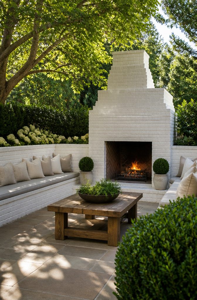 Seating wall surrounding a white brick fireplace on a patio.