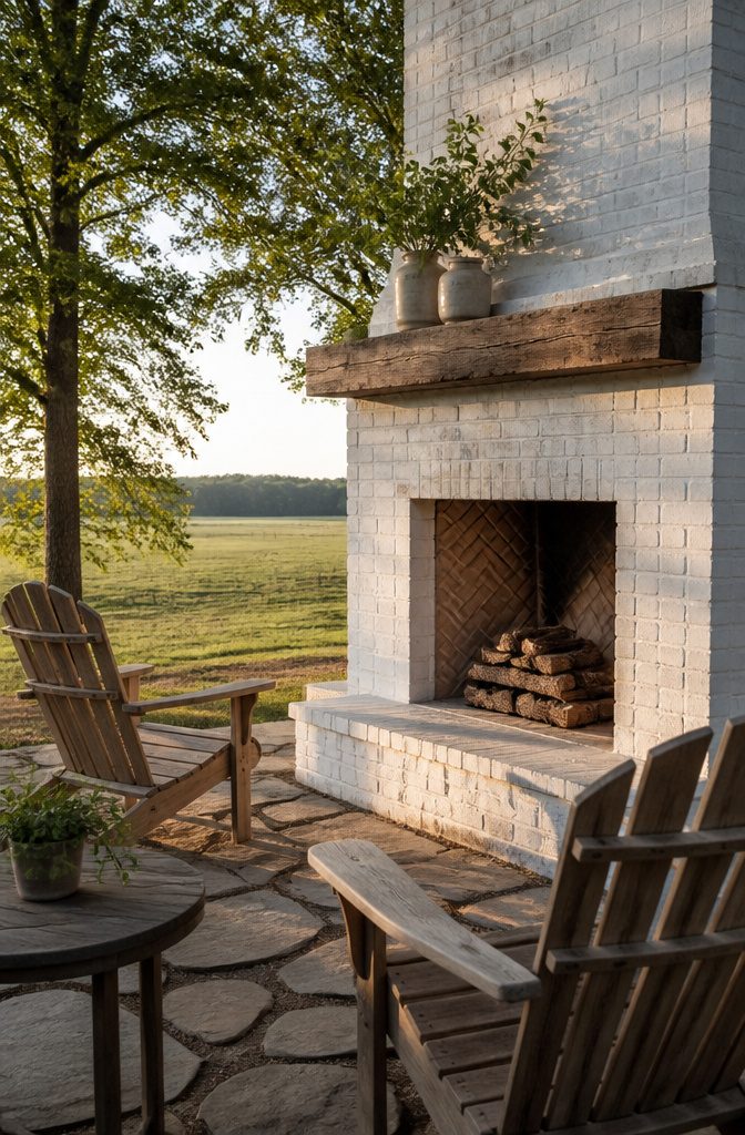 Farmhouse brick fireplace with a wooden mantel in a field.