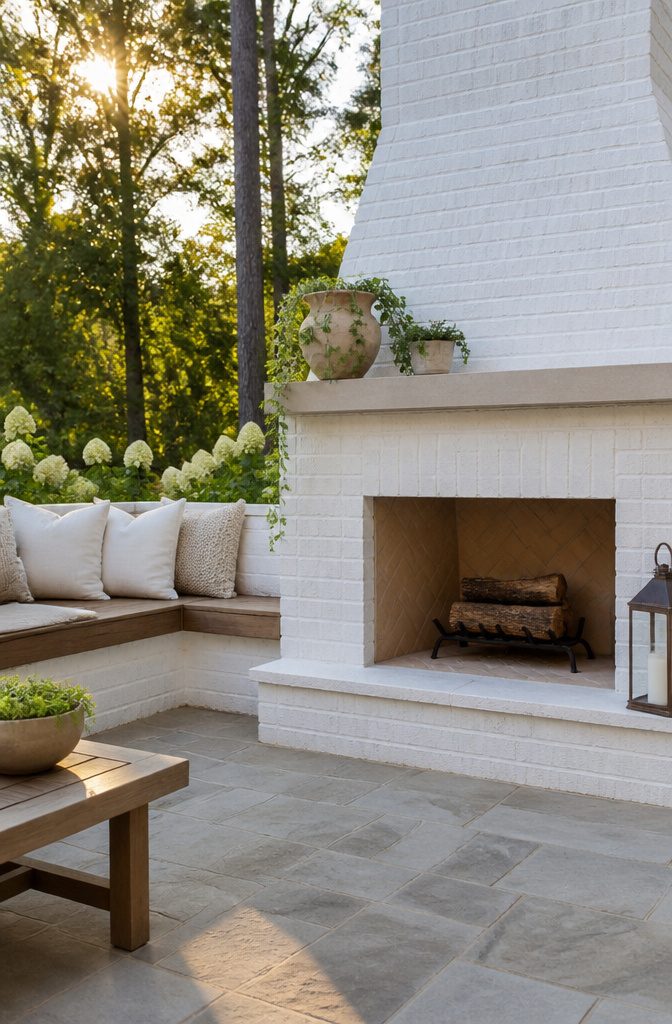 Brick fireplace integrated with bench seating on a patio.