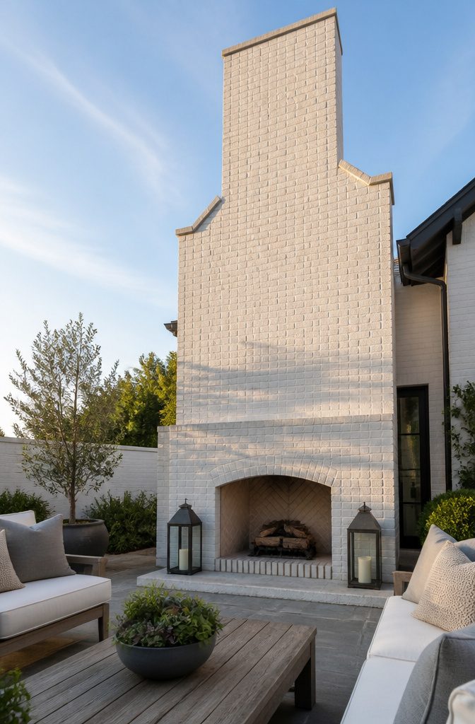 Tall white brick fireplace with a chimney in a yard.