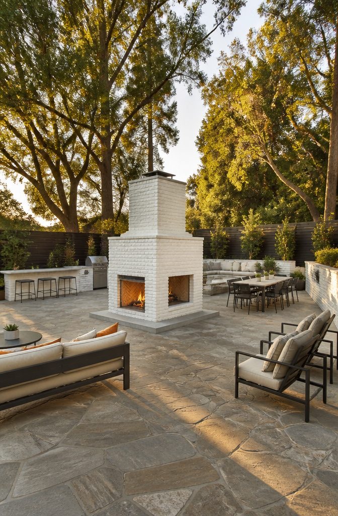 Two-sided white brick fireplace serving dual patio spaces.